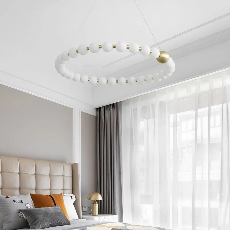 French Pearl Necklace Dining Chandelier Nordic Living Room Chandelier Full Copper Buddha Bead Acrylic Lamp