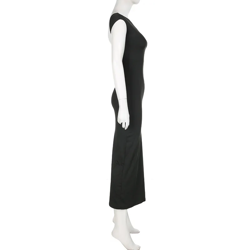 Hot Backless Black Dress - Sleeveless Patchwork High Waist Solid Long Dress
