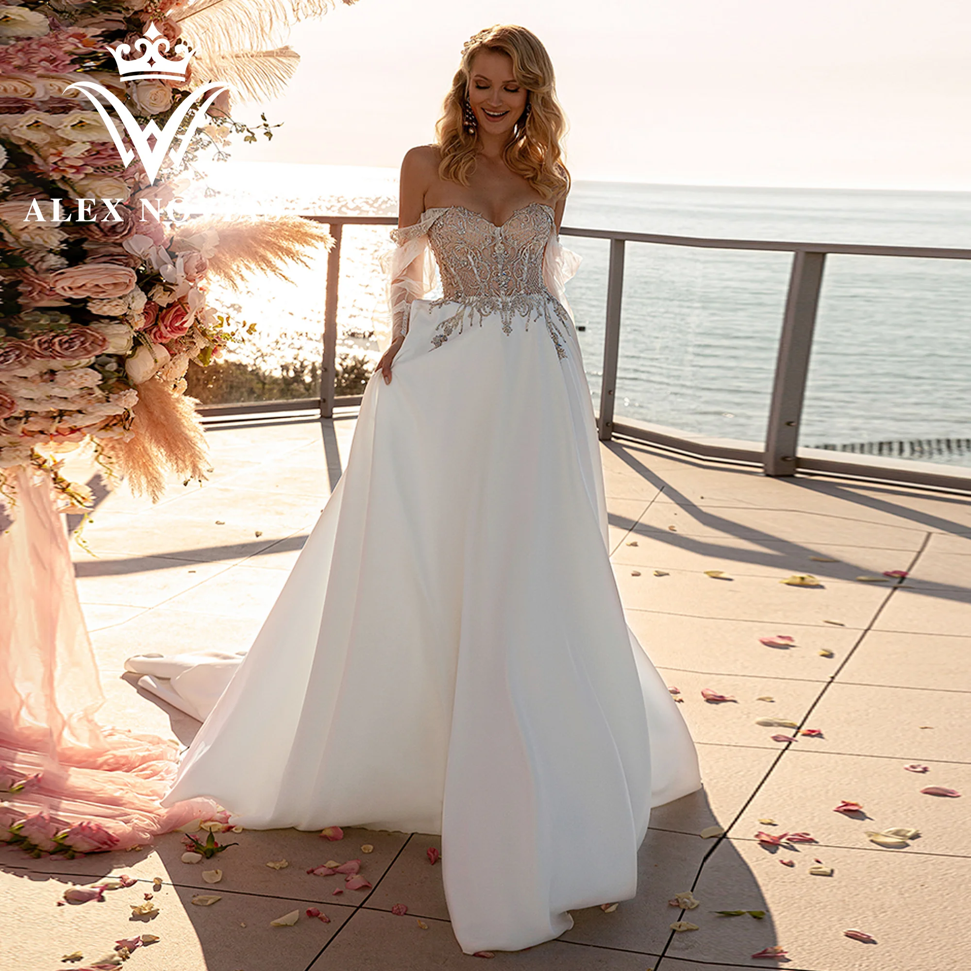 

Свадебное атласное платье с пышными рукавами ALEX NOVIAS, модель 2023 года, кружевное ТРАПЕЦИЕВИДНОЕ свадебное платье с аппликациями и бисером