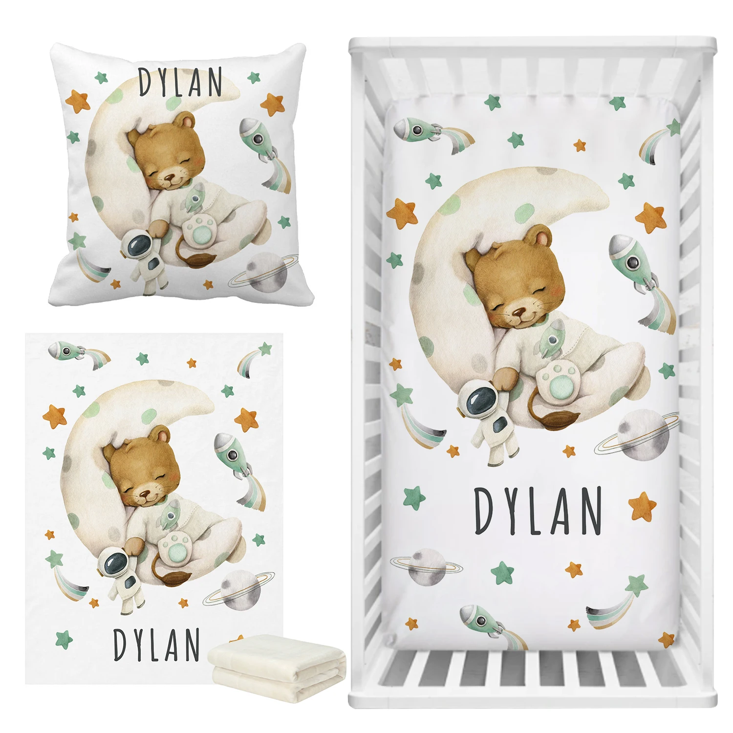 LVYZIHO Space Bear Sleeping On The Moon Crib Bedding Set, Custom Name Sleeping Lion Crib Sheet Set, Baby Shower Gift Bedding Set
