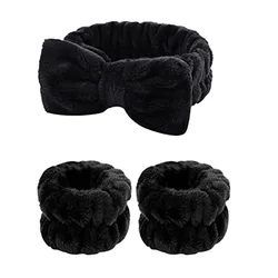 Luxurious Fleece Skincare Headband & Wrist Cuff Set (Black)
