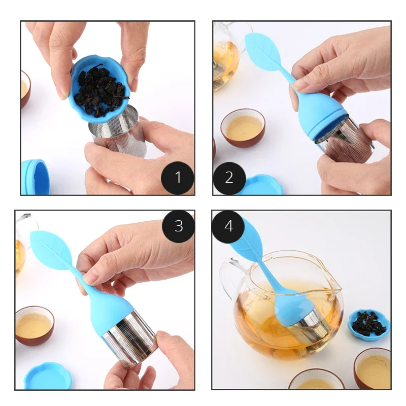 Tea Infuser Stainless Steel Fine Mesh Tea Filter BPA-Free Silicone Leaf Handle and Drip Tray for All Loose Leaf