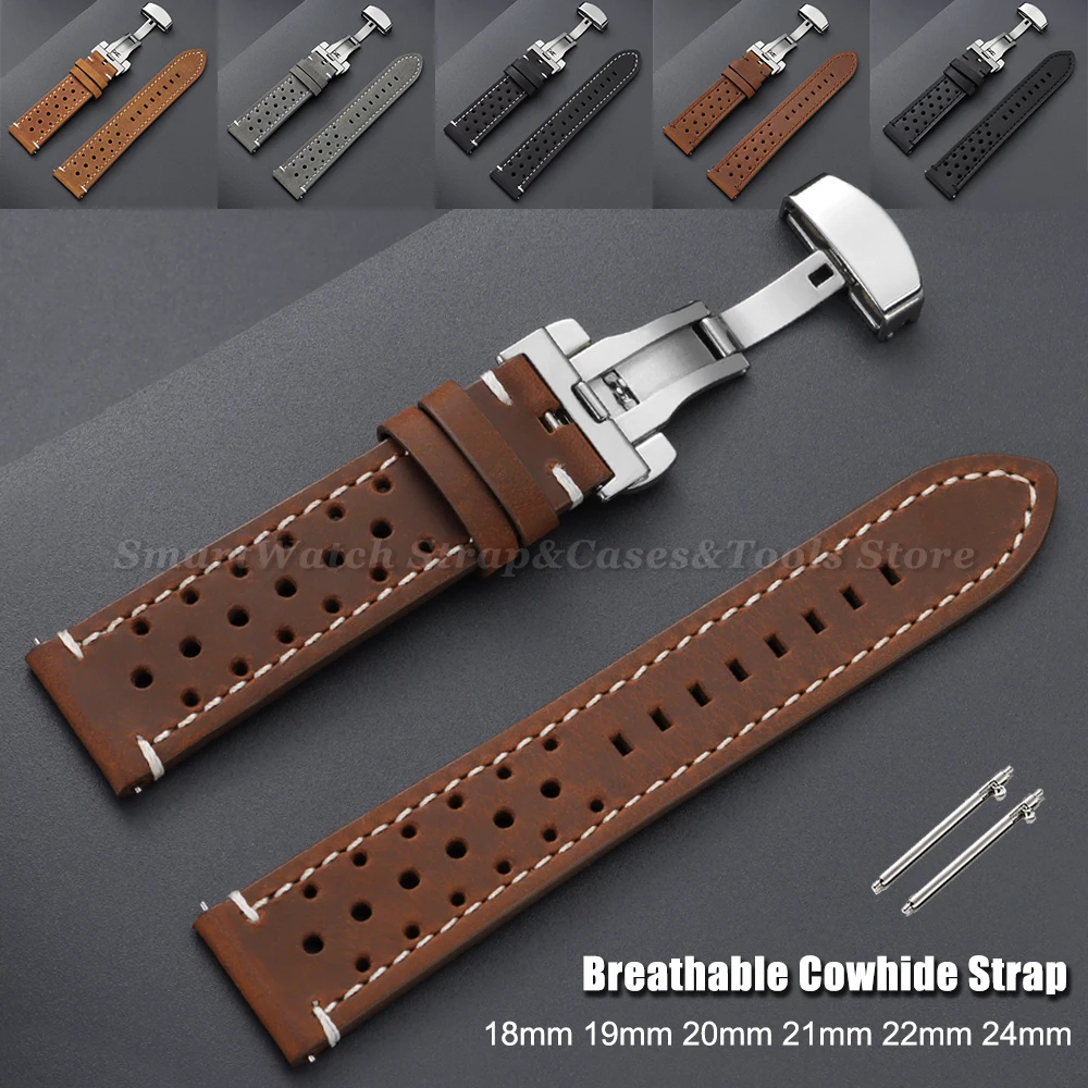 Vintage Cowhide Leather Quick Release Watch Strap with Butterfly Buckle - Brown/Black