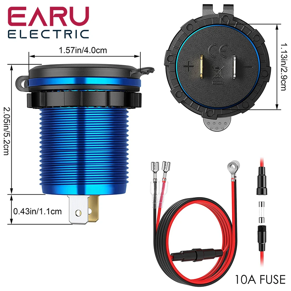 EARU Quick Charger Aluminum QC3.0 Dual USB Car Charger with Switch Button LED Voltage Display for 12V/24V Cars Boats Motorcycle - Image 4