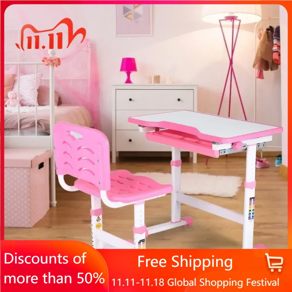 Table Set, Adjustable Pull Out Drawer Kids Study Homework Desk Chair Children Activity Art Table Set(Pink), Set Kids
