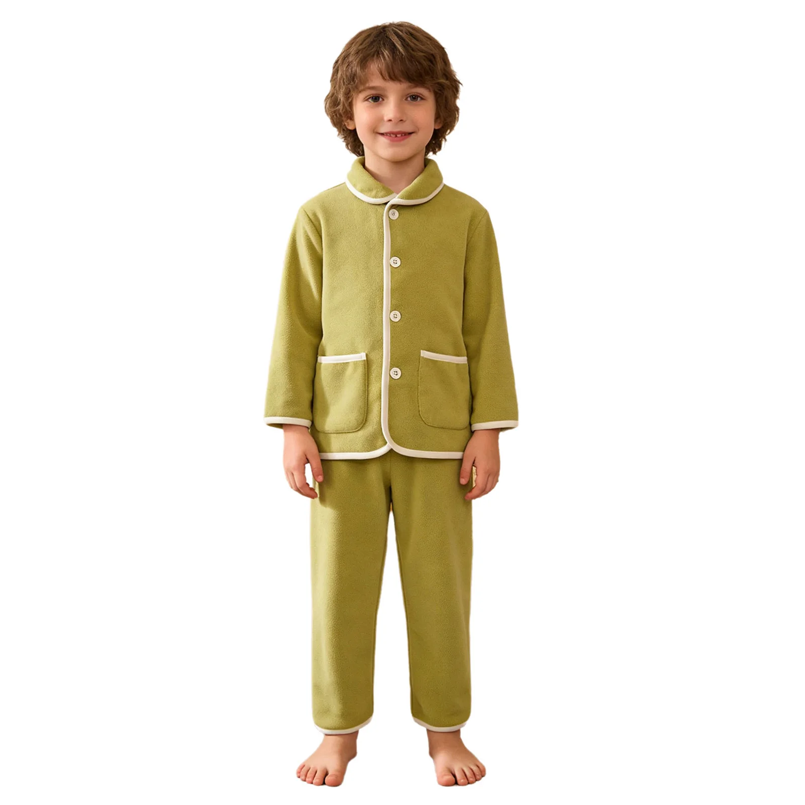 어린이 소녀 소년 따뜻한 양털 잠옷 세트 목욕 휴일 파티 캐주얼 데일리웨어 홈웨어 라운지웨어 긴 소매 버튼 탑+바지