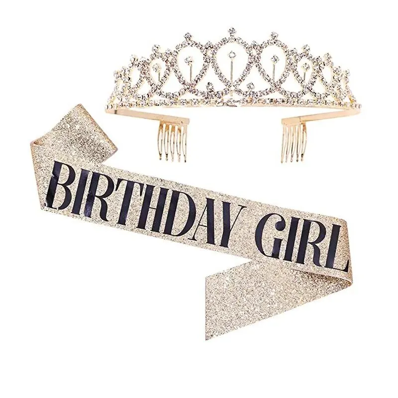 Bling Rhinestone Crystal Crown Tiara Birthday Anniversary Decoration Happy 18 21 30 40 50th Birthday Satin Sash Party Supplies party supplies