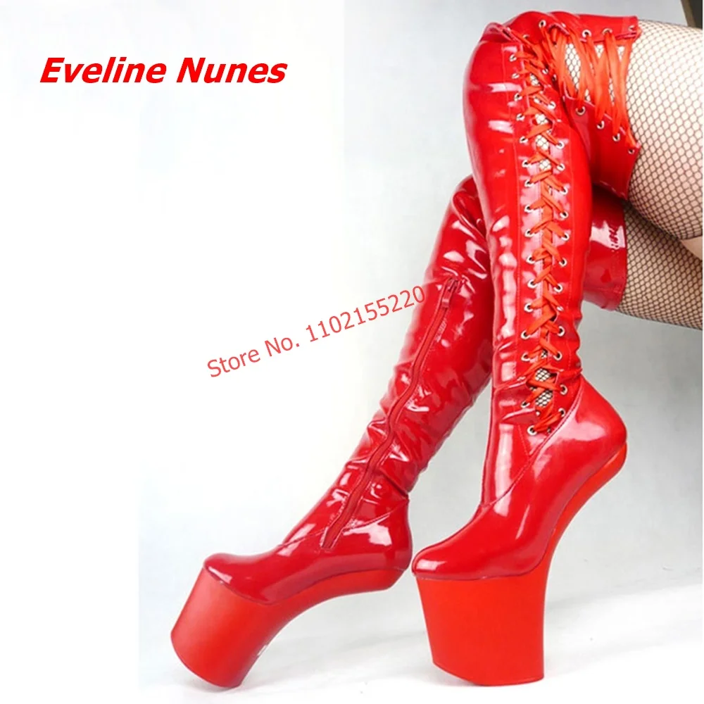 

Women's Red Platform Boots New Arrival Solid Round Toe Hoof Heel Over The Knee Patent Leather Sexy Fashion Shoes footwear