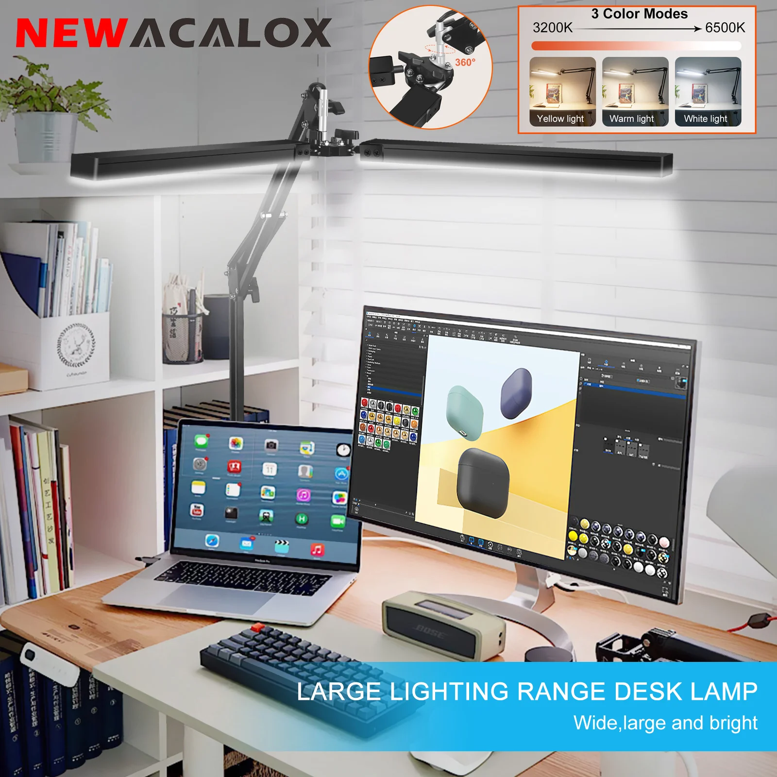 

NEWACALOX 24W LED Desk Lamp 3 Color Dimmable Light&Table Clamp Folding Reading Lamp Computer Screen Hanging Lamp EU/US 12V