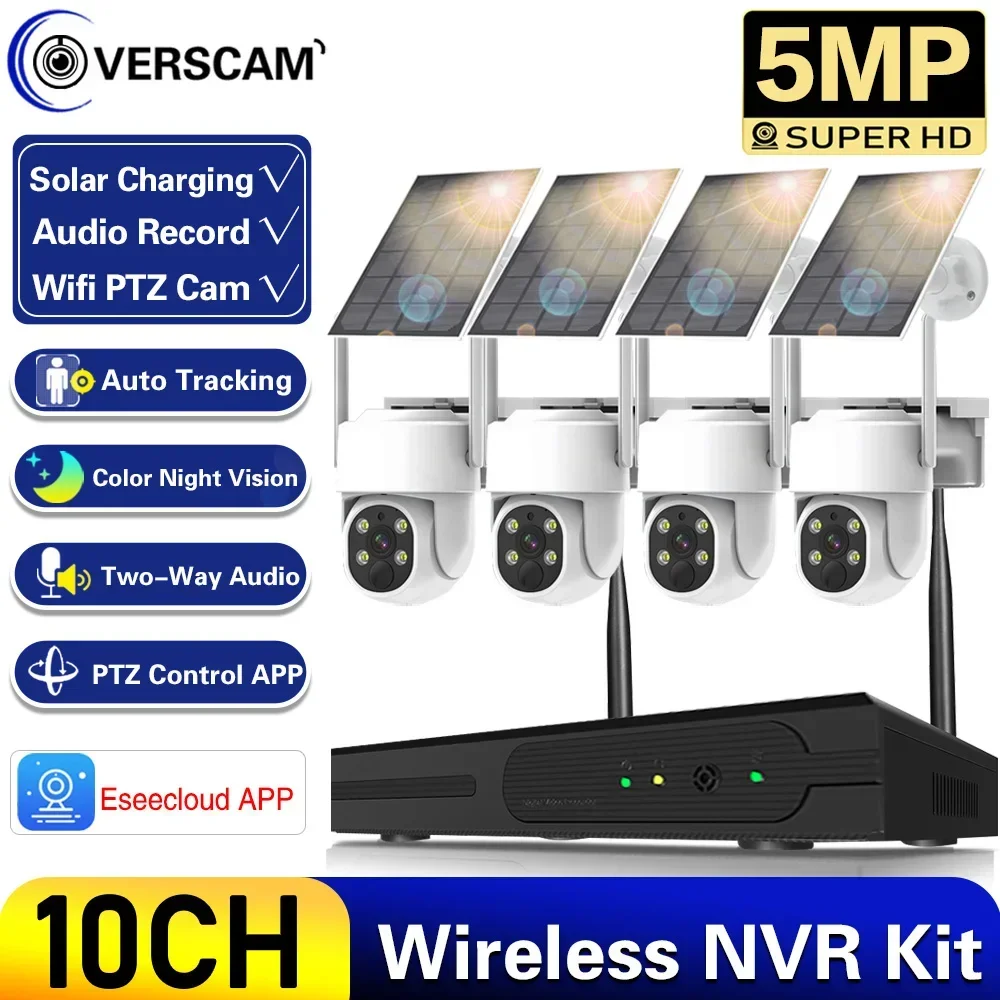 Wifi Solar Ptz Security Outdoor Camera System 5Mp 10Ch Nvr Kit Audio Bidirezionale Wireless Cctv Ip Camera Kit Di Videosorveglianza 8Ch
