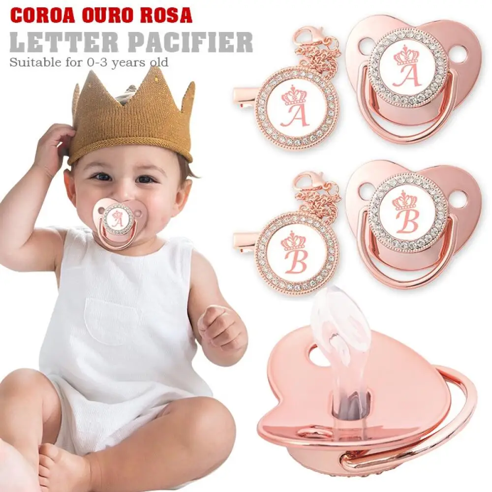 로즈 골드 크라운 아기 모조 다이아몬드 젖꼭지, 아기 치발기 테이프 체인 클립, 26 글자 