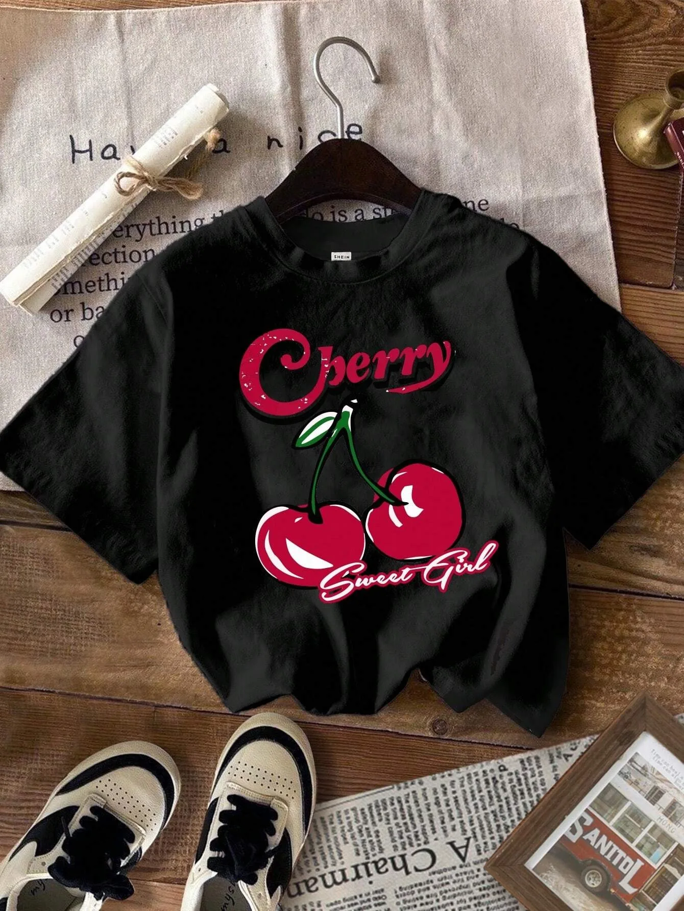 Korean Style Simple Fruit Cherry Print Cotton T Shirt For Kids Adults Trendy Street Harajuku Tees Daily Girls Summer Sweatshirts 4