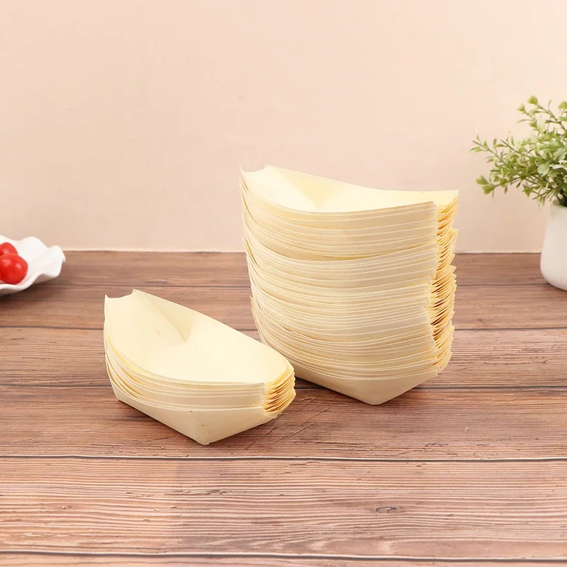 3.5in Disposable Wooden Boat Plate 50Pcs Sushi Wood Boat Sushi Salad Dessert Bowl Pine Wood Bowl