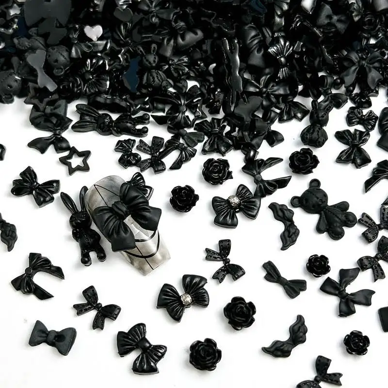 50PCS Random Mixed Black Bows Bear Nail Charms Resin Mini Heart Star Flower Nail Art Decorations Handmade DIY Press on Nails