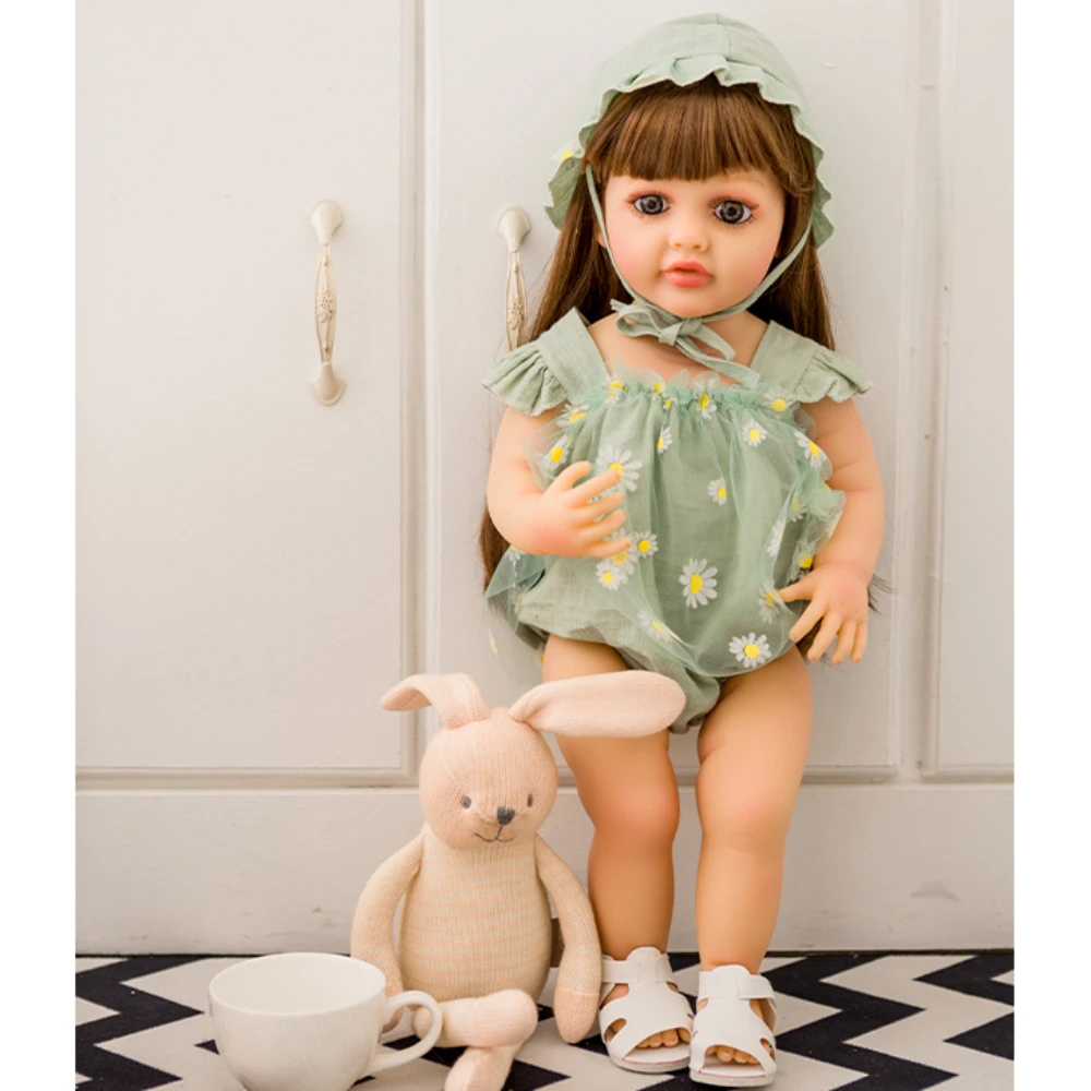 

55cm 22inch Lifelike Reborn Baby Girl Doll Soft Silicone Long Brown Hair Realistic Princess Toddler nana Birthday Gift