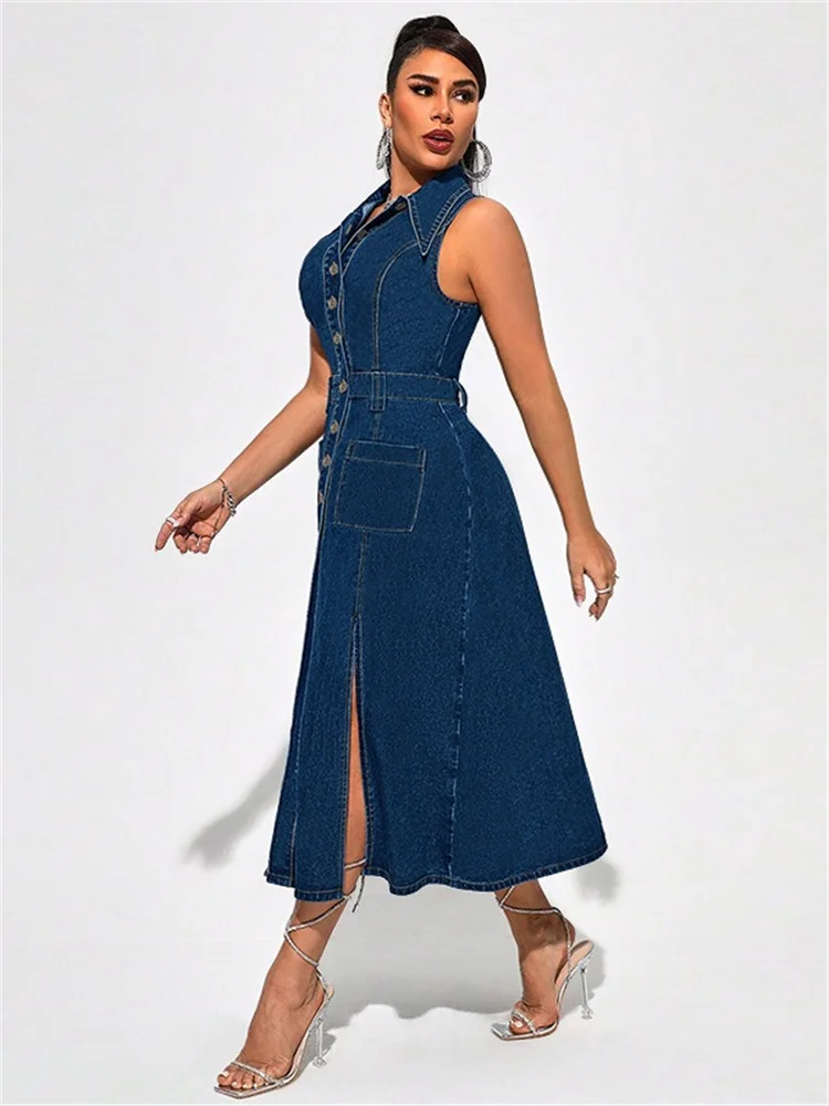 Wmstar Plus Size Denim Dresses Women Clothes Sleeveless Casual Button Pockets Slip Hem Maxi Dress New in Wholesale Dropshipping
