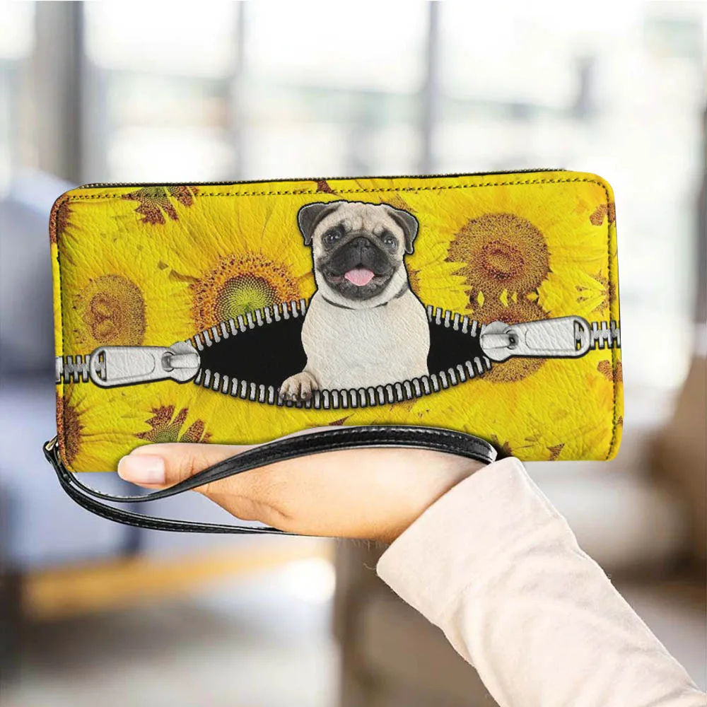 

Creative Bull Dog Zipper Sunflower Pirnt Women Wallet With String Leather Money Bag Wristlets Card Passport Holder Cluth Bags