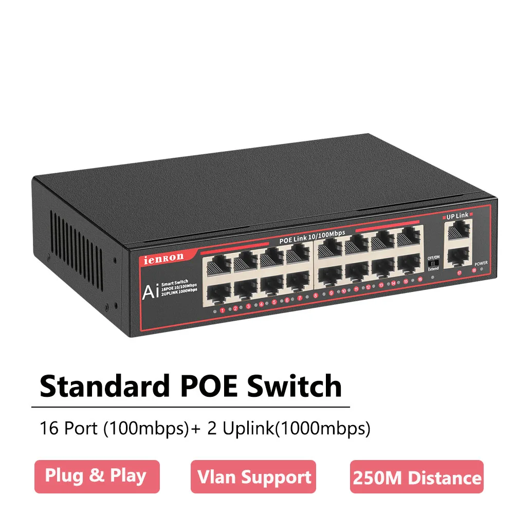 Poe Switch Ethernet com 16 Portas 100mbps Switch de Rede Ethernet Ieee 8023 af at para Câmera ip Cctv Sistema de Segurança