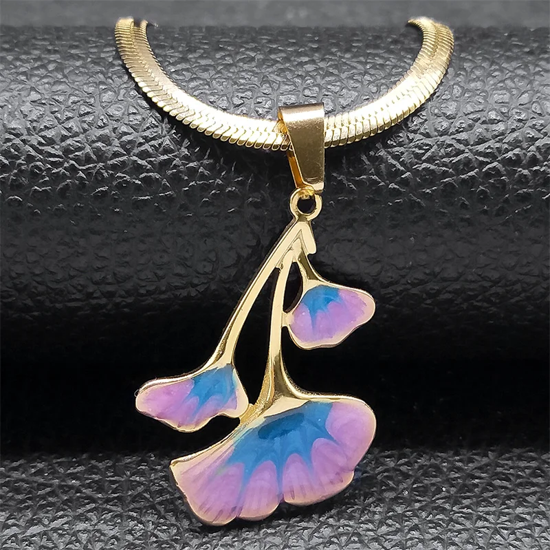 Goth Red Ginkgo Blätter Anhänger Halskette für Frauen Edelstahl Gold Farbe Blatt Charm Schlangenkette Schmuck Colar NZZZ380S01 – Detail 4