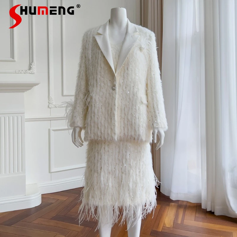 2023 Autumn Winter New Suit Dress Outfits Heavy Industry Feather Sequins Long Sleeve Coat Socialite Suspender Dress 2-Piece Sets