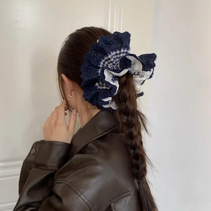 1PC Large Navy Blue Plaid Hair Scrunchie With Lace Trim, Chic Ruffled Hair Tie, Stylish Hair Accessory For Women