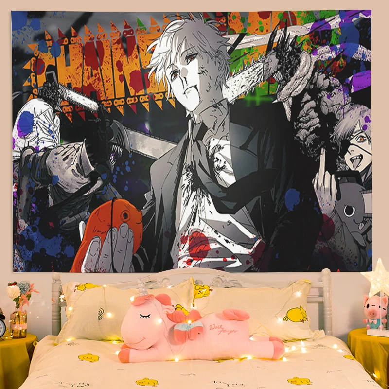 

Chainsaw Man Tapestry on the Wall Art Aesthetic Room Decoration Home Headboards Anime Tapestries Decor Kawaii Bedroom Hanging