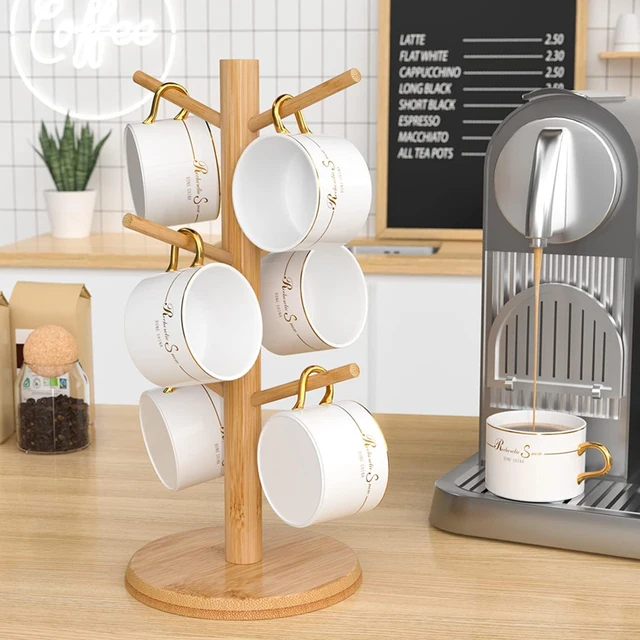 Bamboo Mug Holder 6 Hook Coffee Mug Tree Holder Mug Hanging Display Rack Drinkware Shelf Tea Cup Storage Holder Stand Kitchen To 1
