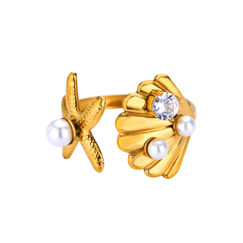 Starfish Shell Rings for Women Girls Gold Double Layers Stainless Steel Ring