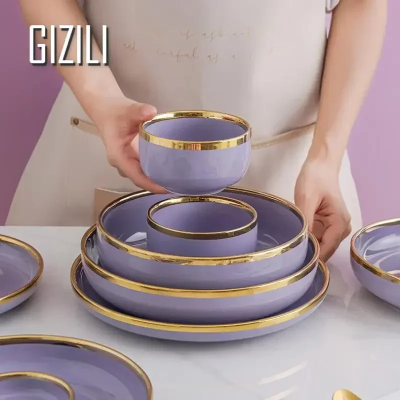 Purple Porcelain Plates Plates Dinner Dinnerware Set Food Luxury Dinner Dishes Soup Salad Bowl Ceramic Cake Dessert Plate