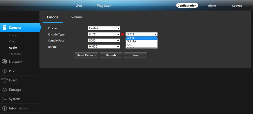 PTZ juhtimise eelseadistuste ekraanipilt