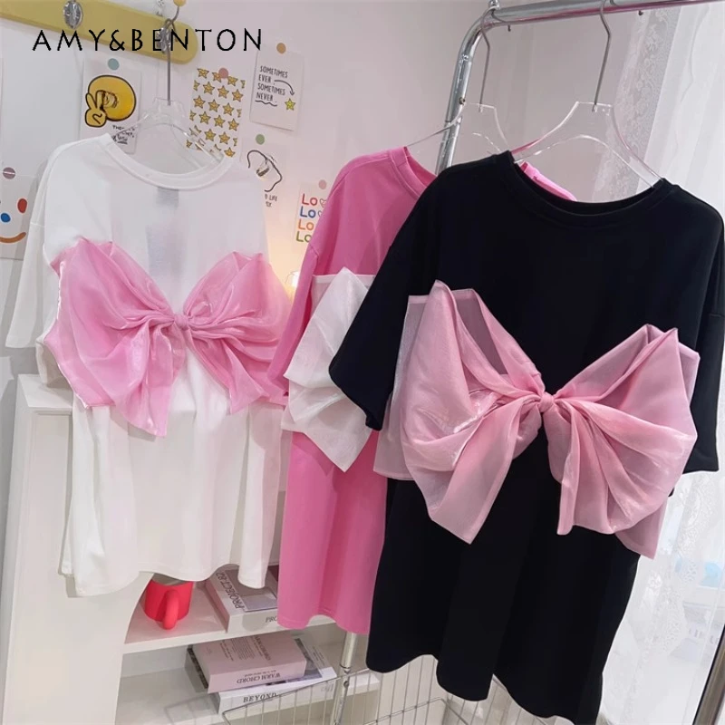 

2024 Summer New Special-Interest Design Top Tees Back Three-Dimensional Bow O-Neck Short Sleeved T-shirt Dress Women's Clothes