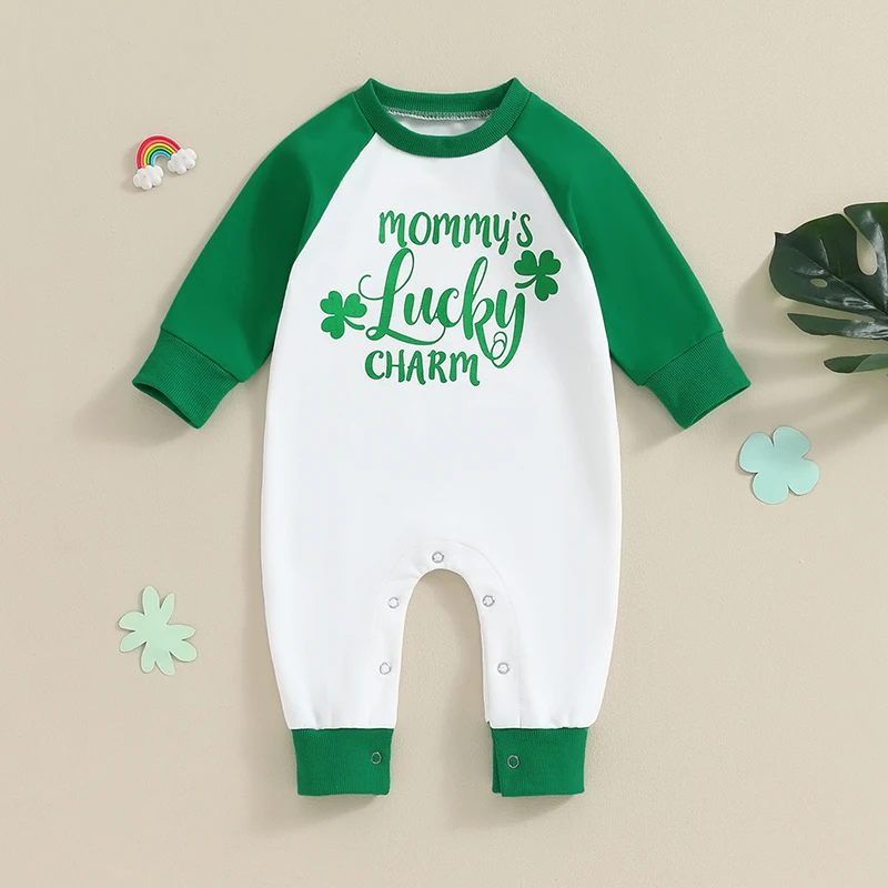 

Baby Boys Girls St Patrick s Day Outfits Romper Long Sleeve Letter Clover Print Patchwork Jumpsuit Infant Playsuit