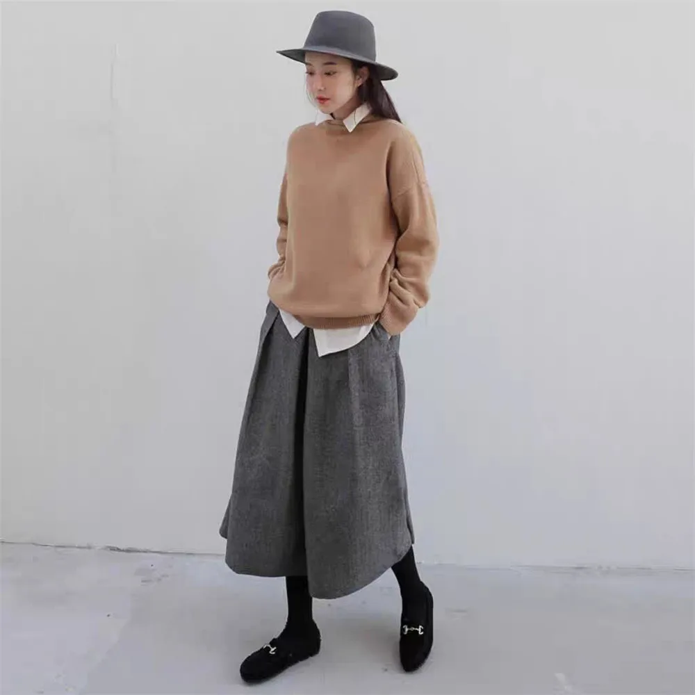 Gonne larghe in lana a gamba larga pantaloni da donna pantaloni Casual pieghettati pantaloni dritti autunnali invernali pantaloni elastici a vita alta con gamba grassa 4