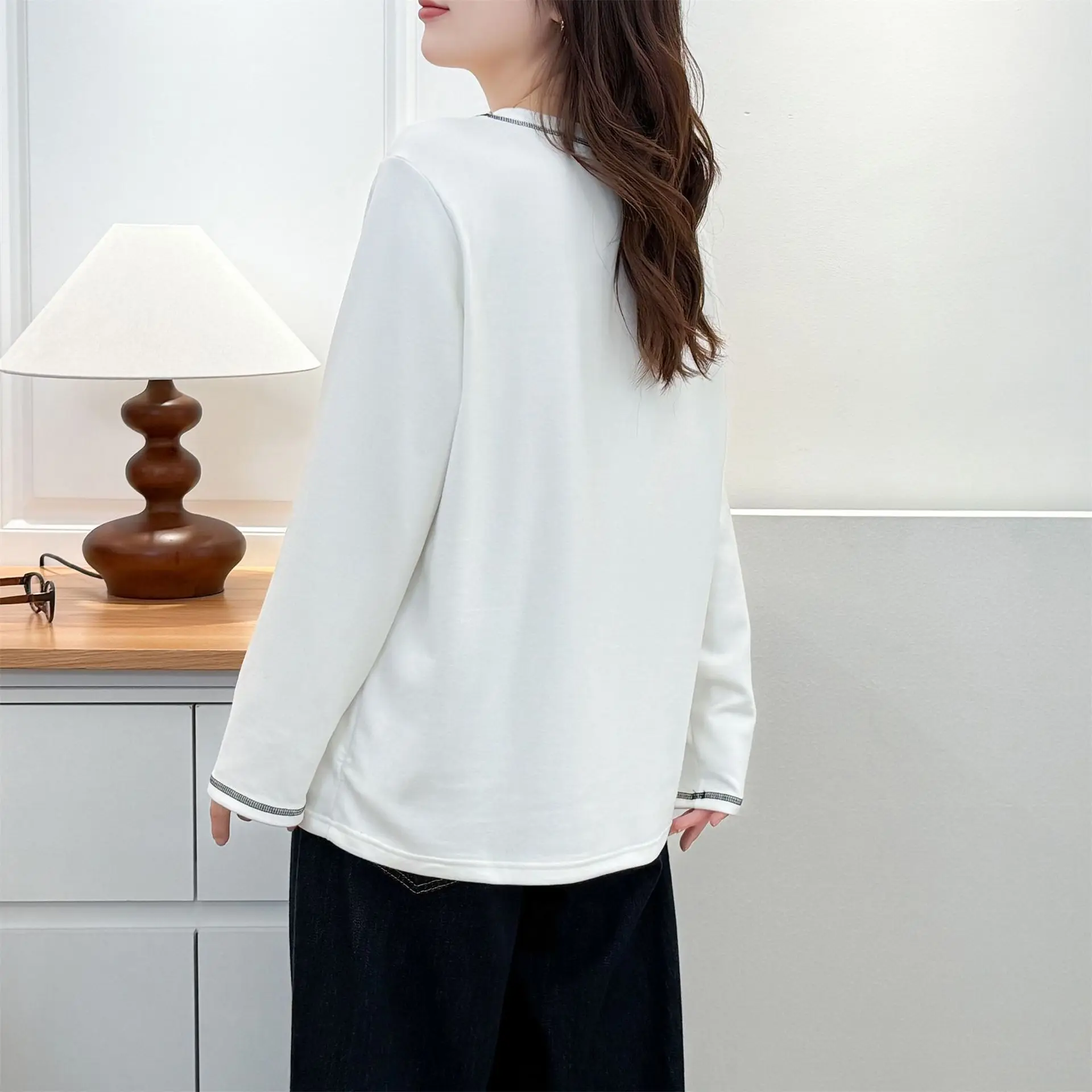 XXXXL Fashion Plus Size Women's T-Shirt Autumn Winter Youthful Casual Printed Cartoon Long Sleeved De Velvet Warm Tops 7051