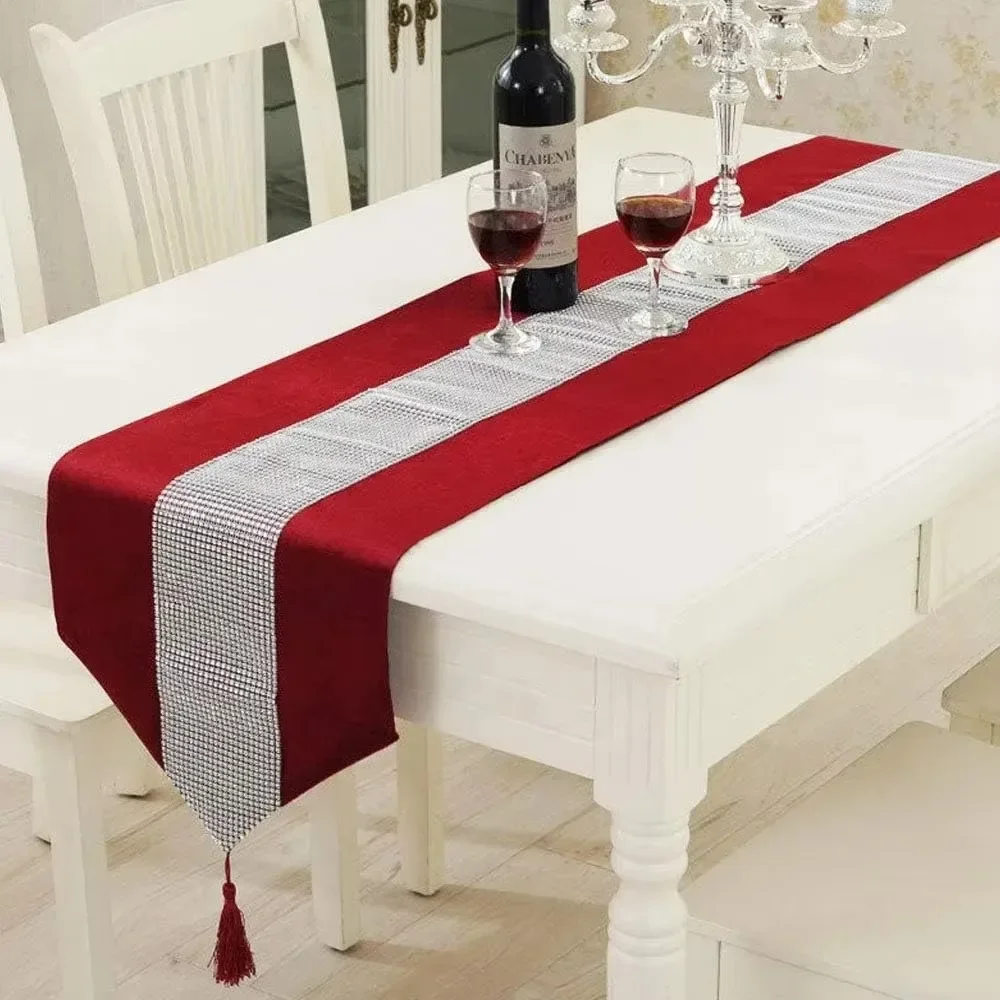 Velvet Diamante Table Runner European Tasseled Flannel Table Runner Wedding Party Mat Decorate Accessories 31x183cm,cotton table runner