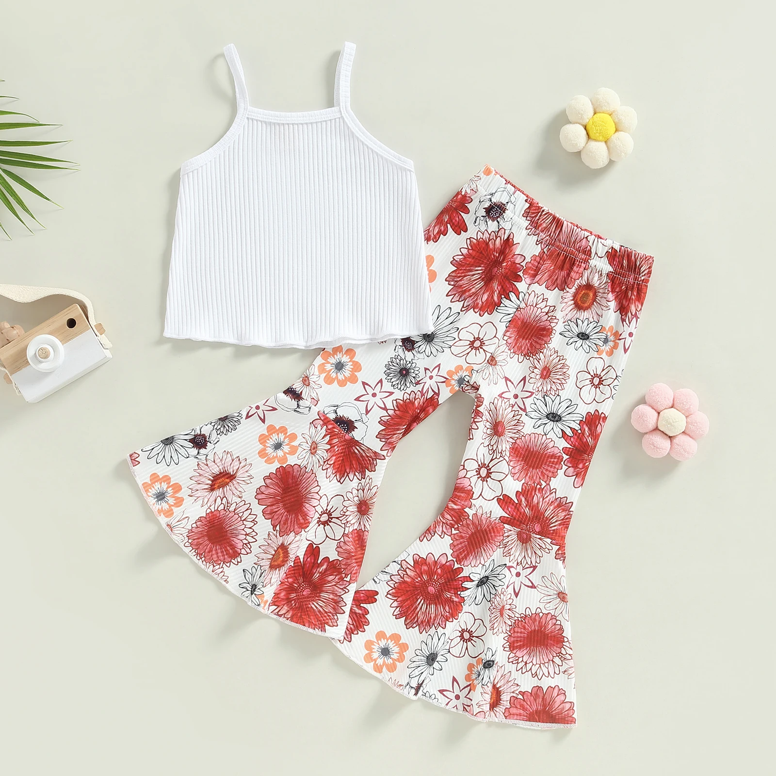 0 4 Years Infant Baby Girls Summer Outfits Boho Sleeveless Sling White Ribbed Camisole+Floral