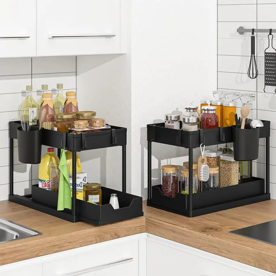 Organizzatore da cucina sotto il lavello | Cassetto organizer per armadietto da bagno a 2 ripiani | Organizzatore per cassetti portaoggetti per armadietti da bagno, organizer multiuso per mensole Delr