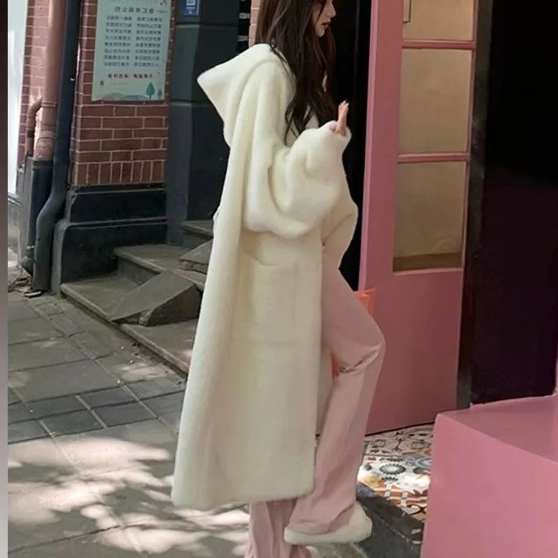 Thick hooded knitted cardigan jacket for knitted sweater autumn and winter women's gentle and lazy style knee length coat - Image 6