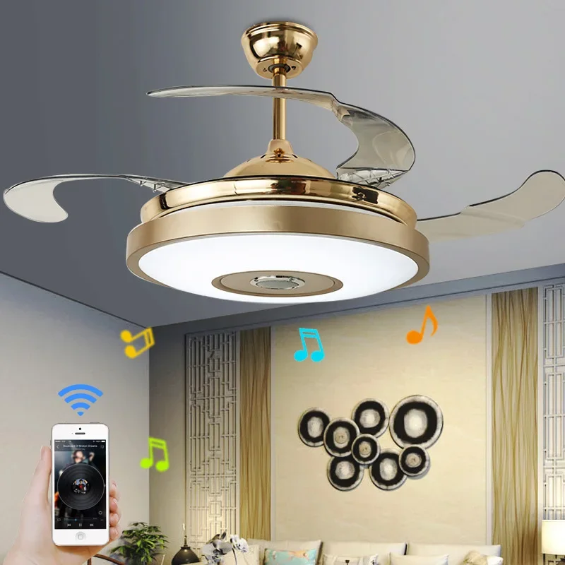 

LED Modern Alloy Acryl ABS Bluetooth Music Ceiling Fan LED Lamp Remote Control RGB Dimmable Gold Light For Foyer Living Bedroom