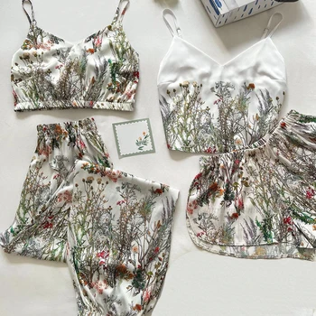 New Satin Silk Pajamas Set for Women Flower Print Sleepwear Sexy V-neck Sleeveless Top Nightwear Pijamas Home Clothes Loungewear