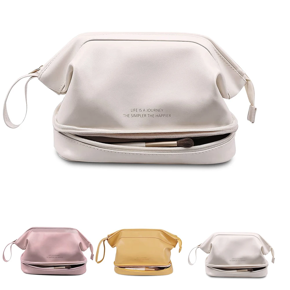 

Travel Large Double Layer Cosmetic Bag Waterproof Leather Makeup Bag Women Girls Portable Toiletry Bag Make Up Storage Organizer