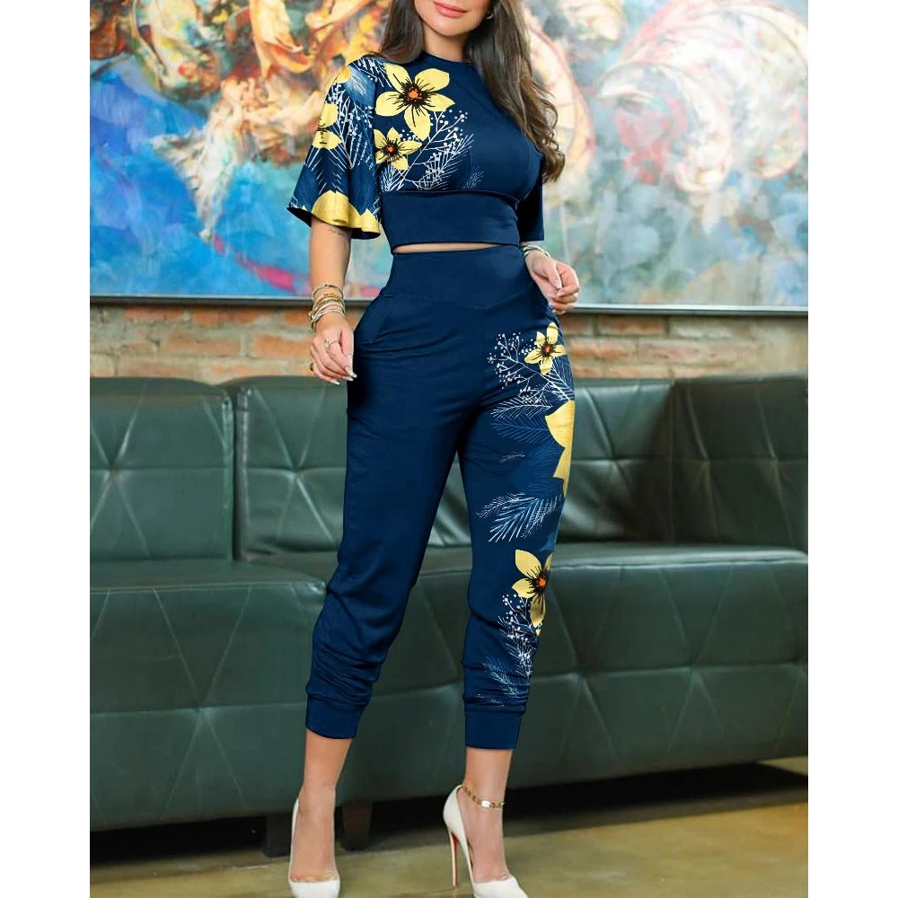 

2024 Casual Women Floral Print O-Neck Bell Half Sleeve CropTop & High Waist Pencil Skinny Pants Sets 2 Pieces Woman Summer