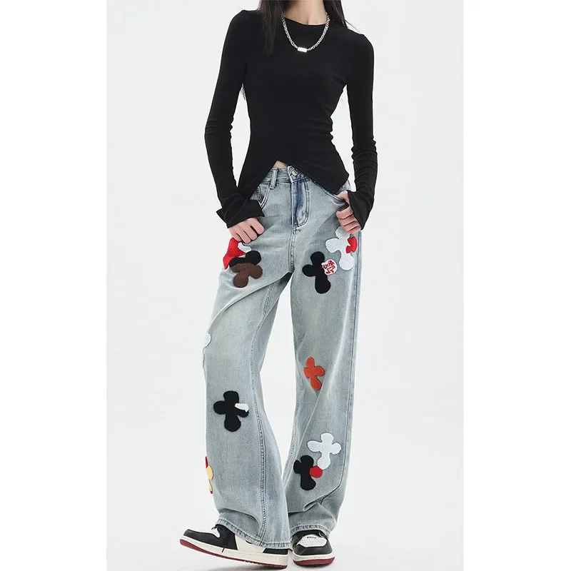 Casual Elegant Flowers Print High Waist Pants High Street Style Blue Straight Jeans Women's Wide Leg Baggy Y2K Denim Trouser