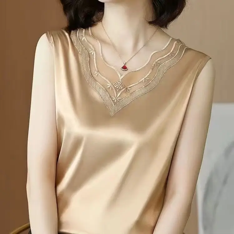 S3427629dcbb34fe89d9d99a061b821adX Korean Silk Women Blouses Shirt Woman Satin Blouse Tops Women Satin Lace Embroidery Blouse Top Woman V-neck Printing Shirts Tops Mallzona