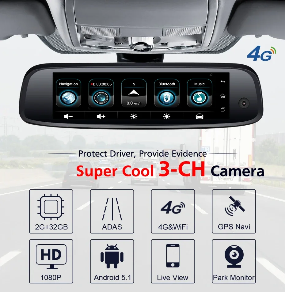 2019 신형 2+32GB 3채널 차량용 DVR ADAS 4G 안드로이드 후방 카메라 FHD 1080P 특수 브래킷 자동차 블랙박스 택시용