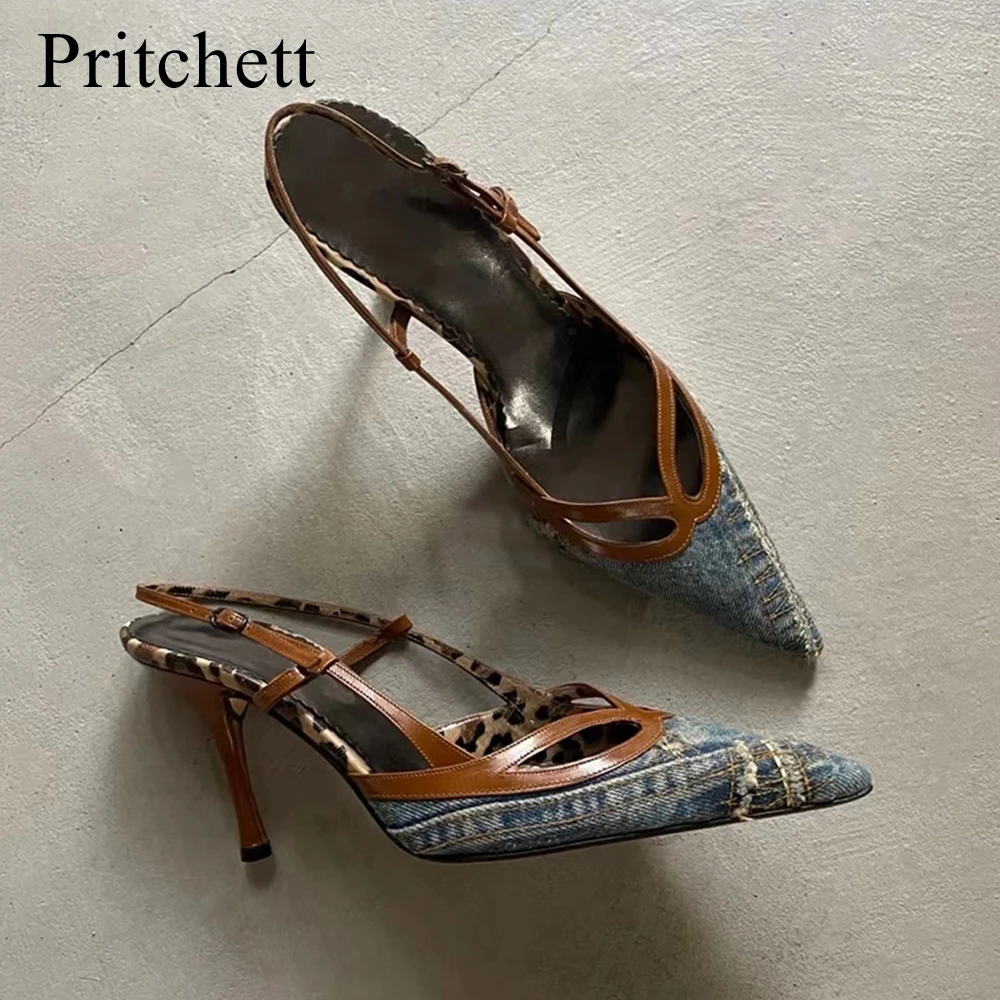 

Vintage 2023 New Retro Denim Blue Pointed Toe Stiletto Sandals with Leopard Print Edge All-match High Heels Women Shoes