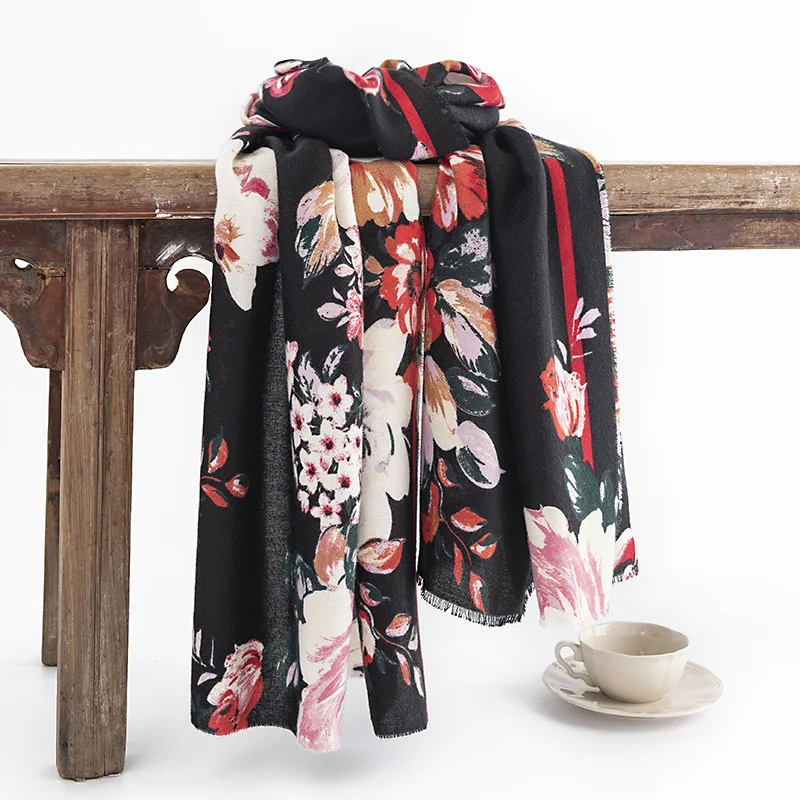 Women's Printed Chinese Style Camellia Warm Shawl Vintage Cashmere Neck Protection Cold-Proof Scarf Fashionable Elegant Scarf
