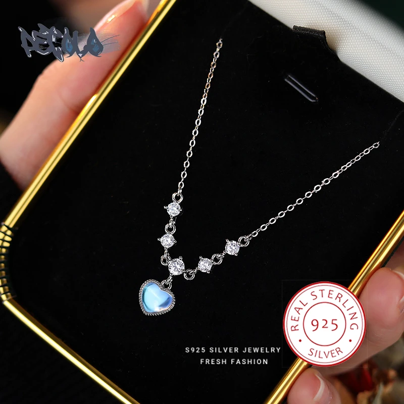 

Изысканное ожерелье из серебра пробы для женщин, простой кулон любви, модная женская цепочка с лунным камнем, ювелирные изделия