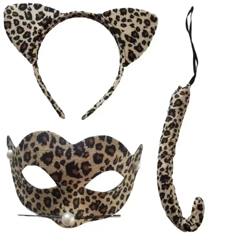Sexy Leopard Ear Headband Costume Set Role Playing Accessories Makeup Party Ball Masks Stickers Tail Accessories Festival