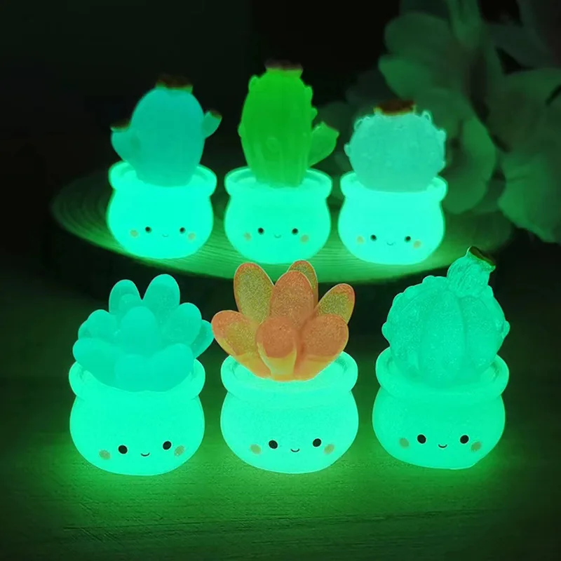 Mini Luminous Cactus Figurines Ornaments Resin Cactus Series Creative Home Bonsai Decor Car Ornament Micro Landscape Accessories